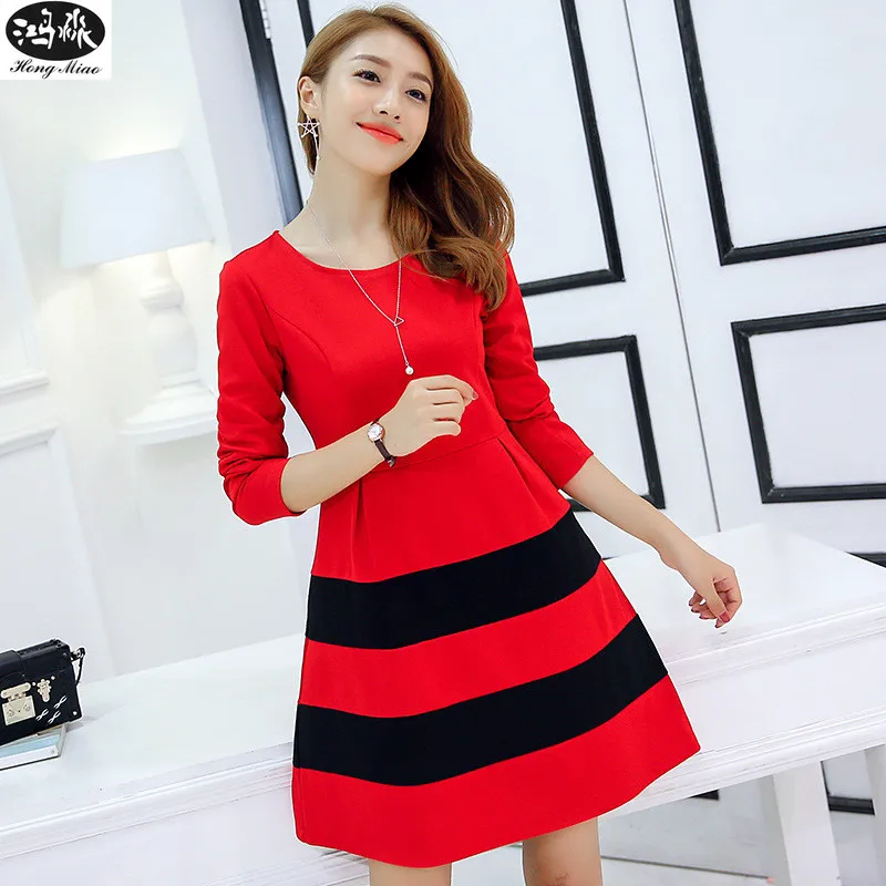 2017 New Women Elegant Dress Autumn Long Sleeve Round Neck Mini Vestidos Female Sweet Cute Striped Patchwork Dresses | Женская одежда
