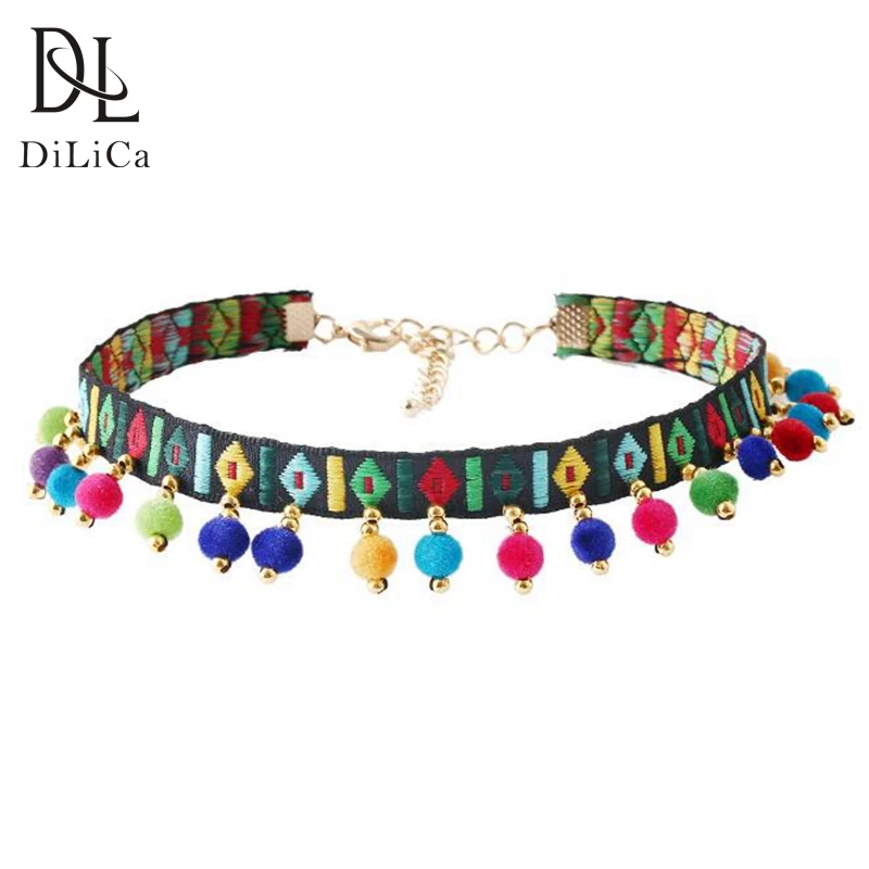 

DiLiCa Cute Choker Necklace Women Colored Ball Tassel Collar Necklaces Chokers Bohemian Embroidery Short Necklace