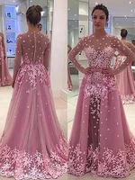 pink prom dresses 2020 vestidos de gala long sleeve lace appliques detachable train court train lace evening dresses gowns