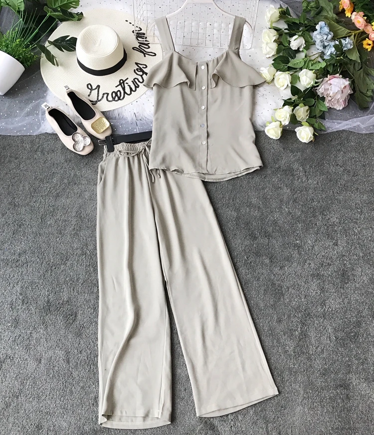 light green ALPHALMODA/ летний однобортный Топ с оборками+ широкие брюки, Женский повседневный комплект из 2 предметов, женские летние однотонные штаны, костюмы - Цвет: light green