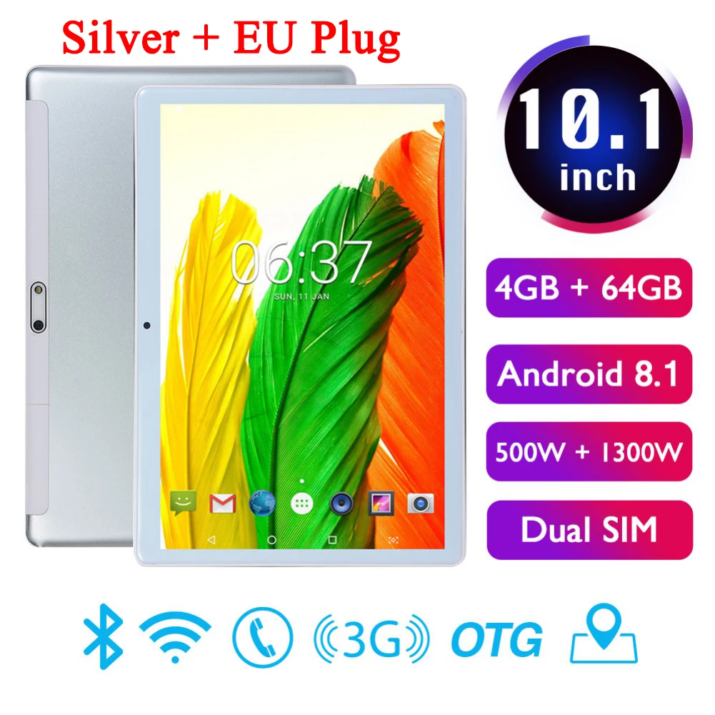 Silver EU 10,1 дюймов 4 Гб+ 64 ГБ Android 8,1 WiFi планшетный ПК двойная SIM Двойная камера 3g телефон Pad планшеты с адаптером питания ЕС/США - Цвет: Silver EU