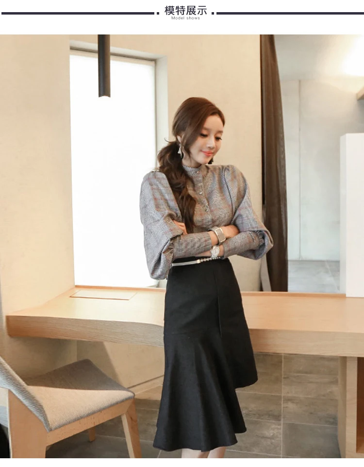 JSXDHK New Fashion Autumn Woemn Blouse Office Lady Plaid Long Lantern Sleeve Formal Back Bow Stand Collar Shirt Tops