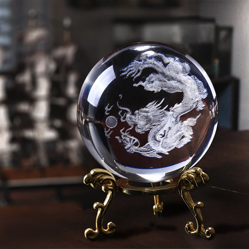 

60mm 3D Laser Engraved K9 Crystal Dragon Balls Pure Clear Glass Fengshui Dragon Balls Paperweight for Home Buddhism Decoration