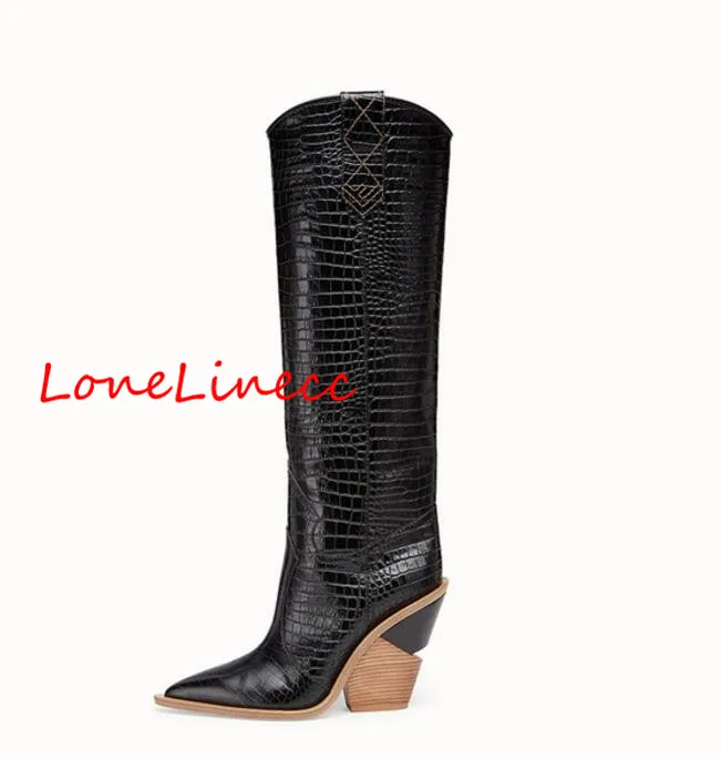 

Lonelinecc new pointed women strange style high heel knee high boots patchwork embossing plaid runway boots knight long booties