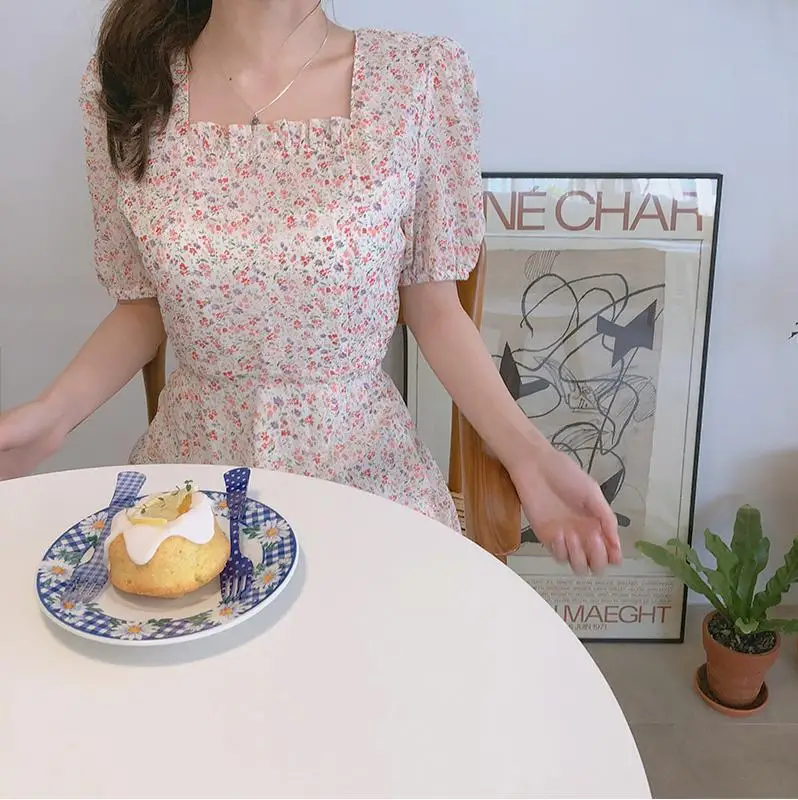 Летние шифоновые платья, женская мода, корейский японский стиль, дизайнерская одежда, милое платье трапециевидной формы с цветочным принтом 6022