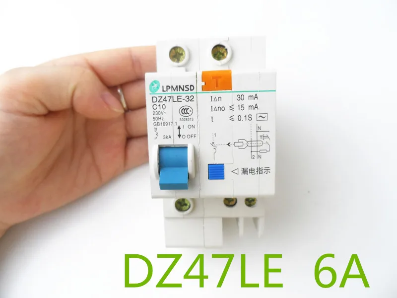 Автоматический выключатель остаточного тока DZ47LE 1P + N 6A C type 230 В ~ 50 Гц/60 Гц с