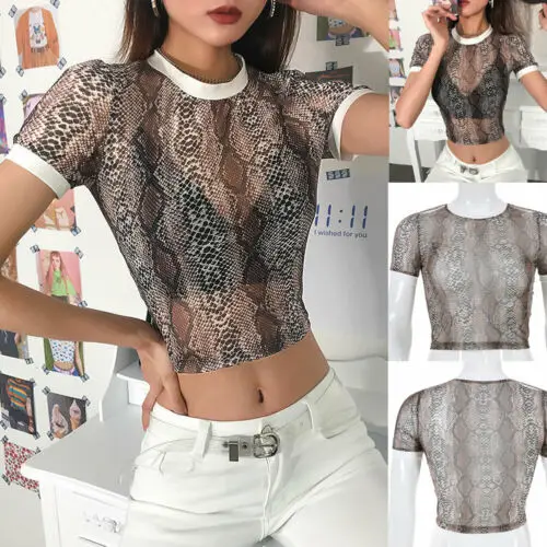 Модные летние женские прозрачные футболки из змеиной кожи с коротким рукавом