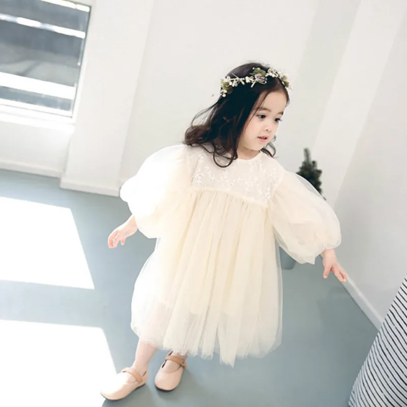 2019 Spring girls fashion mesh long sleeve princess dresses 0-4 years cute girl puff floral embroidery dress Tops | Детская одежда и