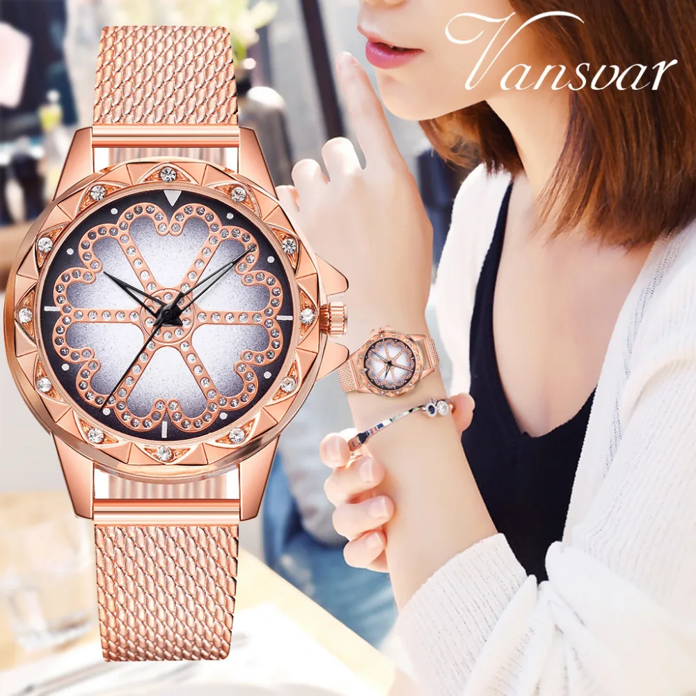 

Vansvar Women's Casual Rose Gold Quartz Plastic Leather Flower Rhinestone Watch Clock Bayan Kol Saati Reloj Mujer montre Femme