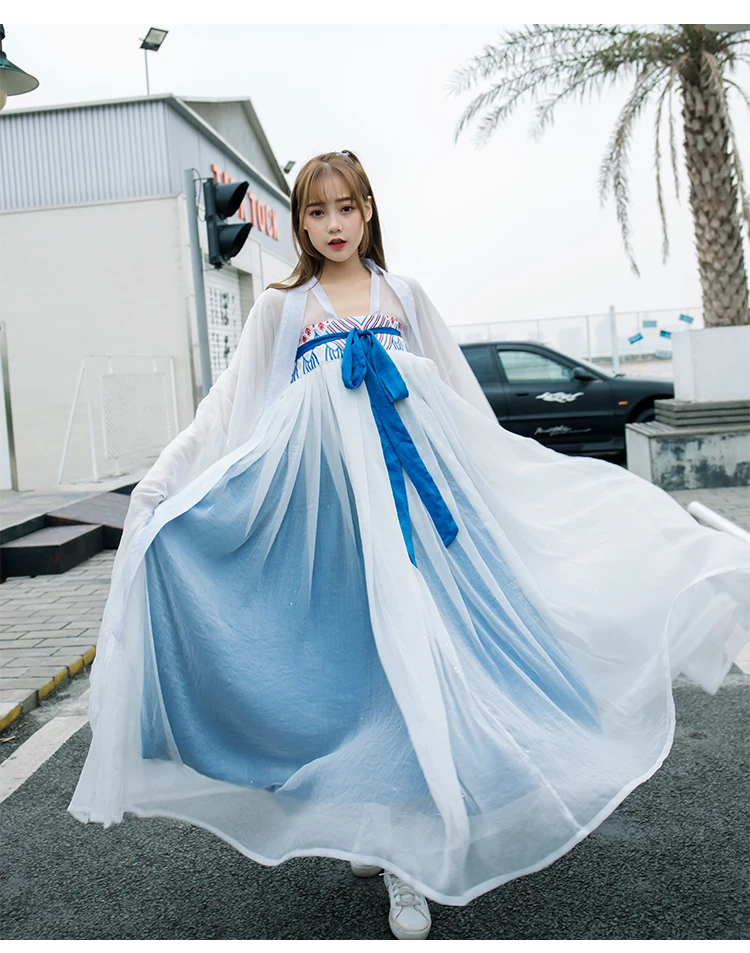 Женский костюм Hanfu в китайском стиле, синий элегантный китайский костюм Hanfu в древнем и традиционном стиле, большая юбка-качели, костюм для народных танцев DQL1087