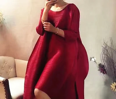 Бургундия Miyake платье модное платье трапециевидной формы с О-образным вырезом три четверти - Цвет: Бургундия