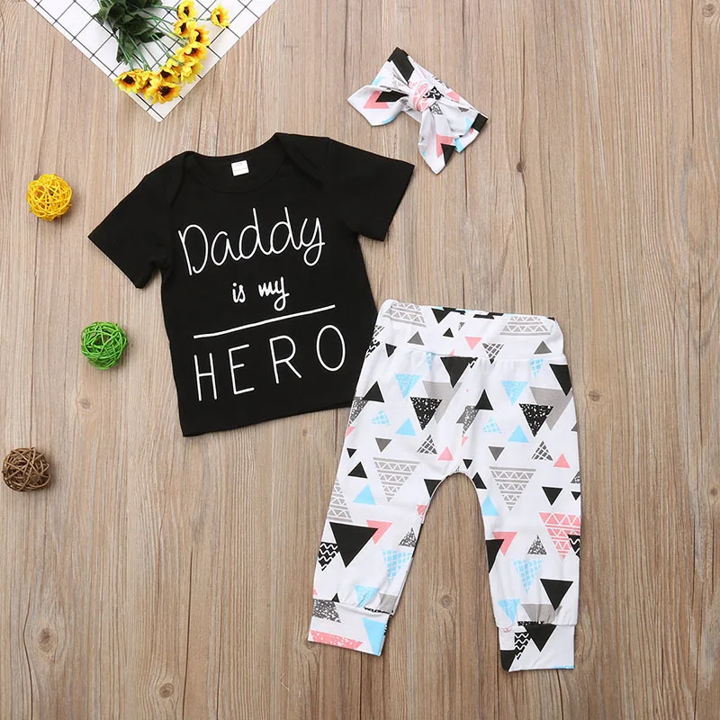 Г., Модный комплект одежды для маленьких девочек, футболка с принтом «Daddy Is My Hero» и штаны головная повязка для новорожденных, одежда для детей от 0 до 24 месяцев