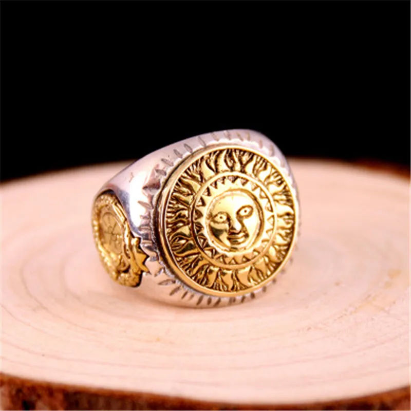 

Real 925 Sterling Silver Men Ring Gold Color Sun God Smile 3D Dinosaur Sculpture Adjustable Size Vintage Punk Handmade Jewelry