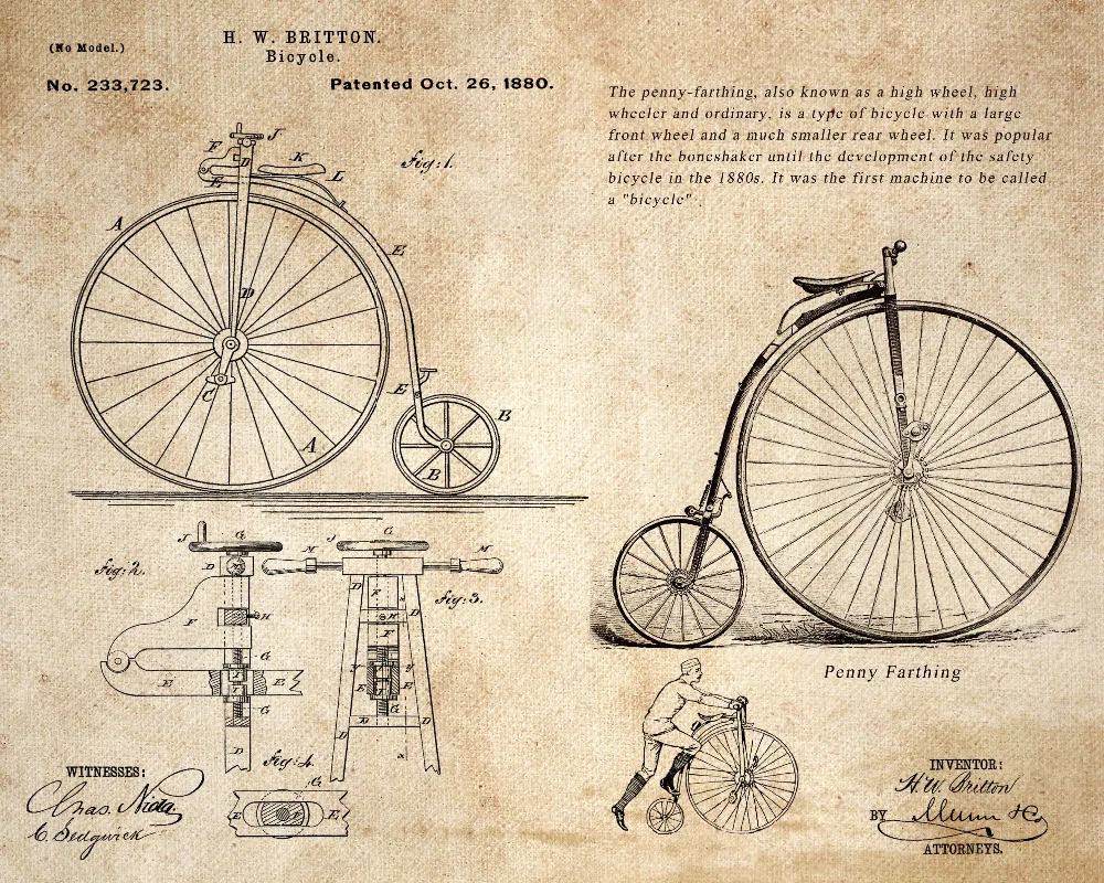 Винтажный патент HD искусство печатает 4 в 1 на старом велосипеде развития старый