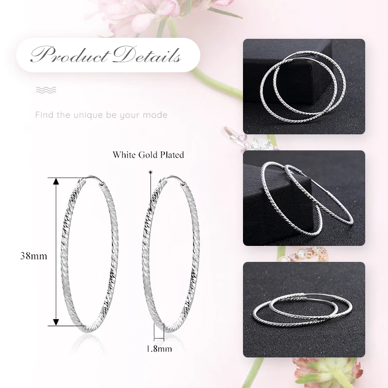UMODE New 925 Sterling Silver Geometric Big Hoop Earrings for Women White Gold Simple Earring Jewelry Gift ALE0335 | Украшения и