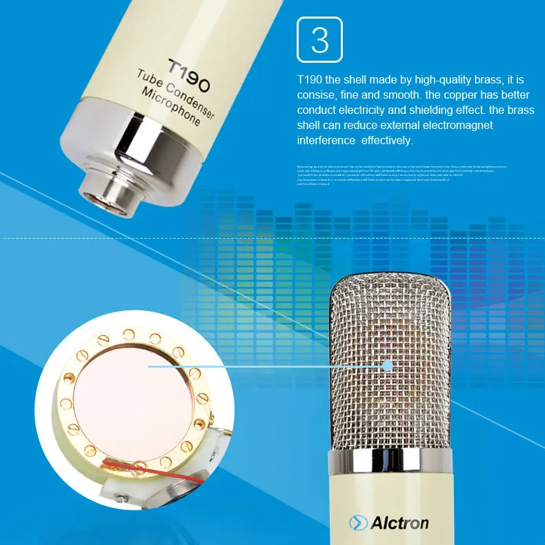 Alctron T190 Профессиональный Большой мембранный трубчатый конденсаторный Студийный микрофон, профессиональный трубчатый конденсаторный микрофон для записи