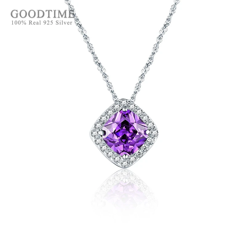 

Fashion Real 925 Sterling Silver Necklaces Purple Crystal Zircon Square Pendant Necklaces Chain For Women Girl Jewelry Dress Up