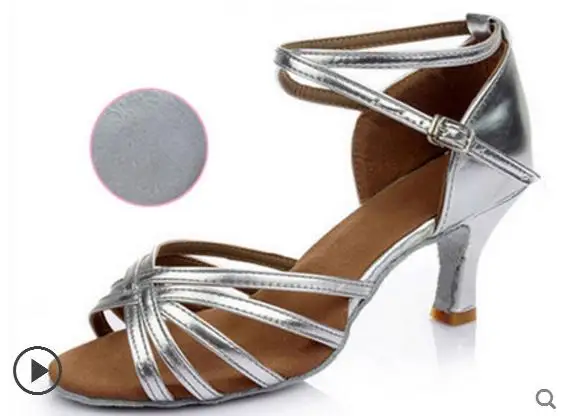 Silver heel 5.5cm Женская обувь для латинских танцев; обувь на высоком каблуке из воловьей кожи с мягкой подошвой; Черная сатиновая спортивная обувь для латинских танцев; дешевая обувь для девочек; практическая обувь; Большие скидки - Цвет: Silver heel 5.5cm