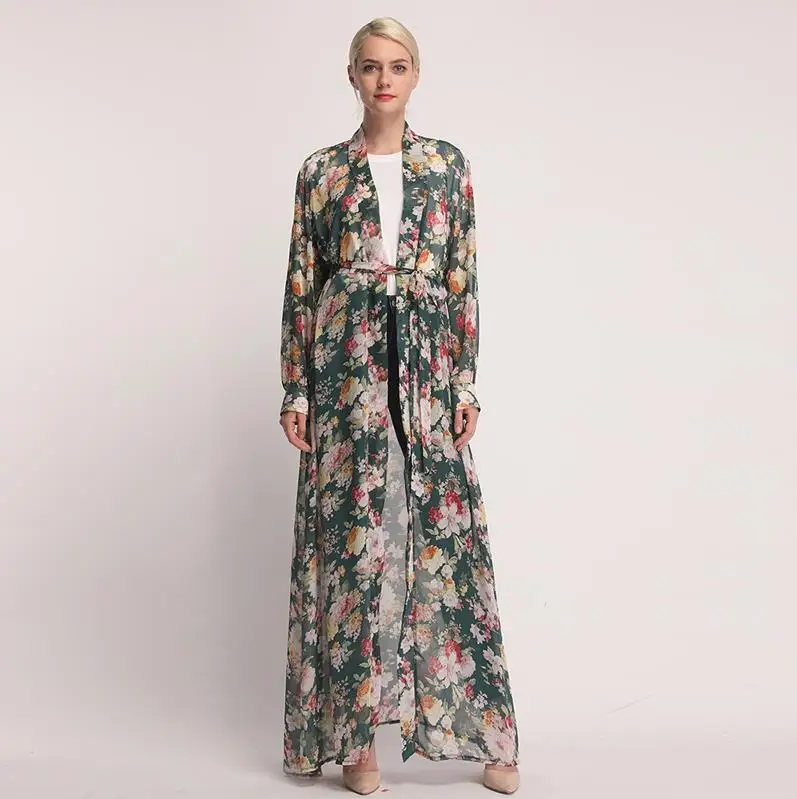 Green Cardigan ОАЭ шифоновый кафтан abaya Дубай турецкий исламский хиджаб мусульманское платье Абая для женщин Caftan Катара Оман Jilbab Robe - Цвет: Green Cardigan