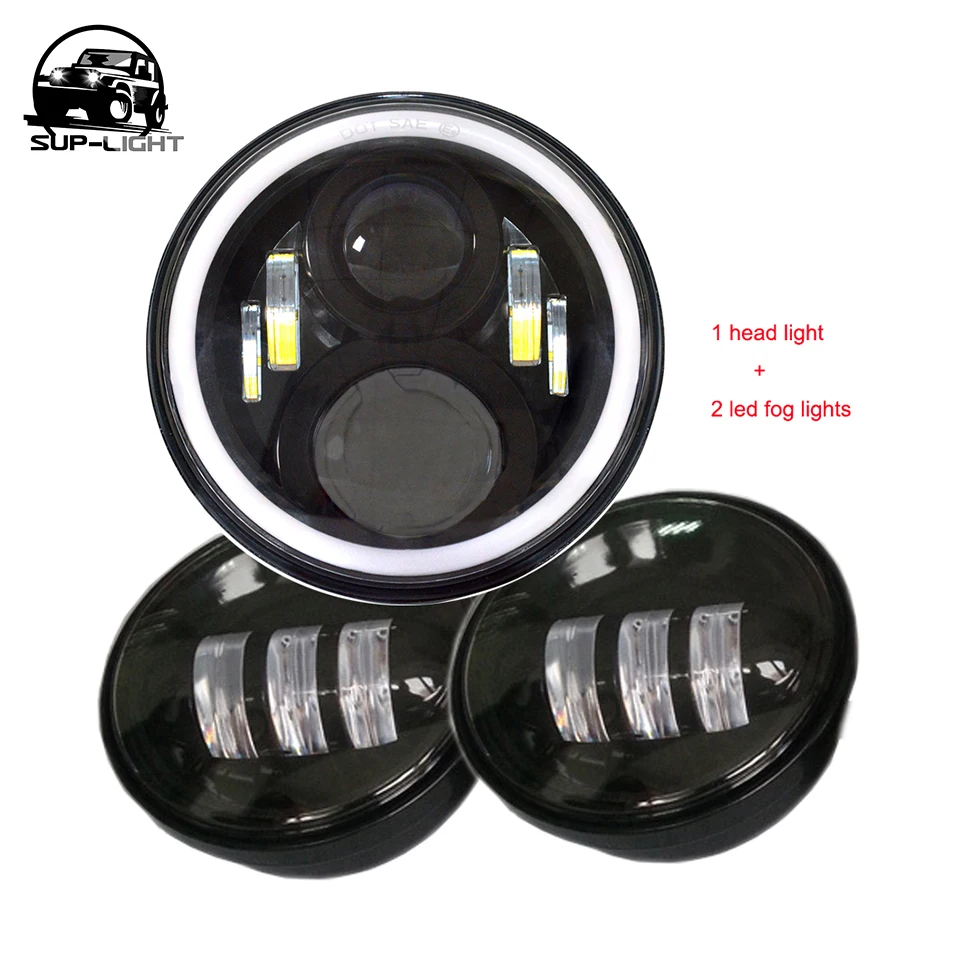 

Black 7'' 50W led headlight with Angel eye DRL + 2X 4.5 inch 30W LED fog light with chrome / black reflector for Harley