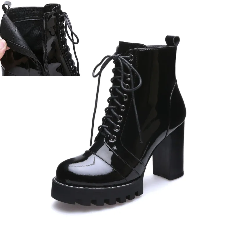 Black Leather in Prova Perfetto Brand Design Black ankle Boots Women Lace-up Real Leather Platform Shoe Woman Party Ankle Boots High Heel Boots - Цвет: Black Leather in