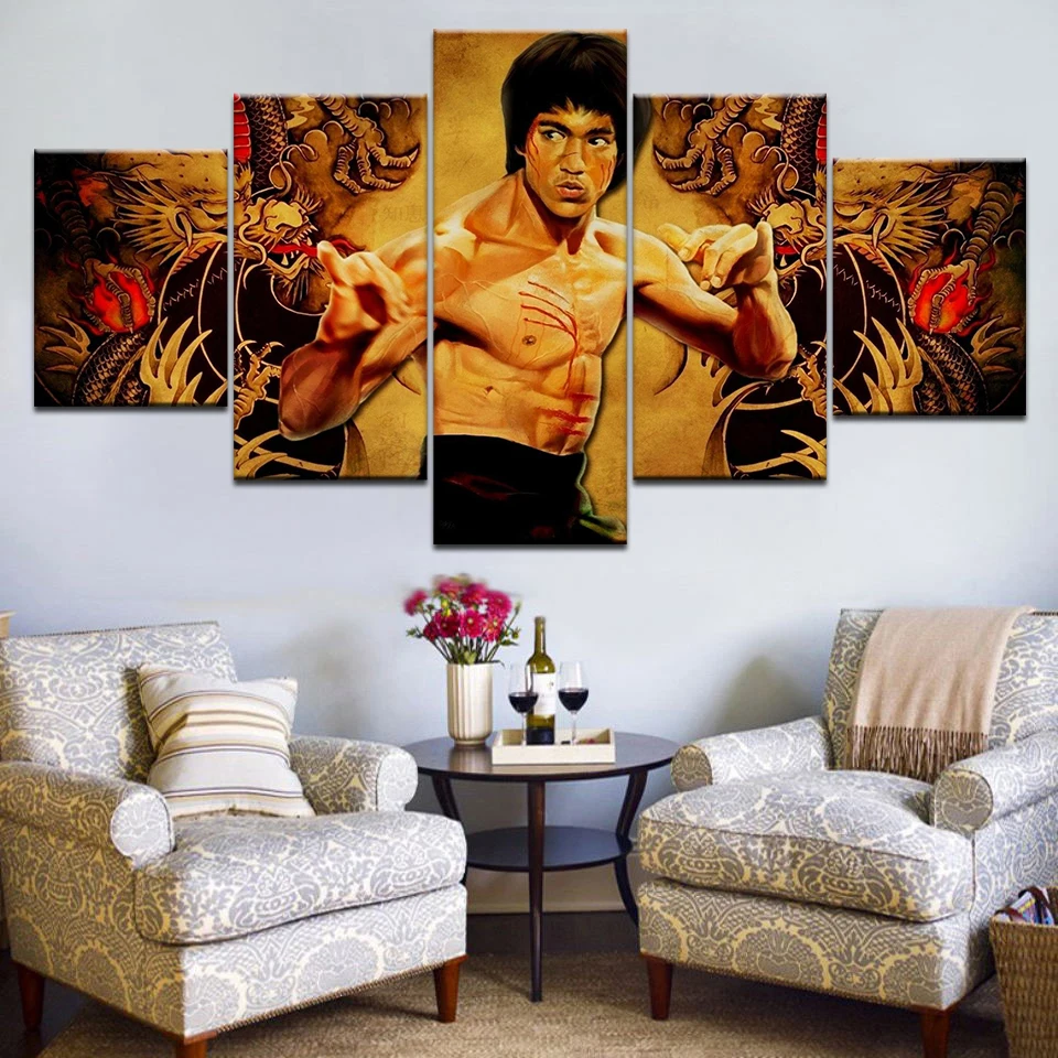 

5 Panel/pieces HD Print Kung Fu Bruce lee figure wall posters Print On Canvas Art Painting For home living room decoration