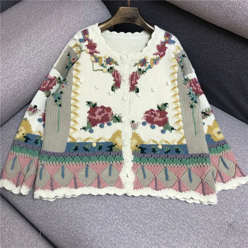 

Женский трикотажный кардиган, с круглым вырезом и цветочной вышивкой
