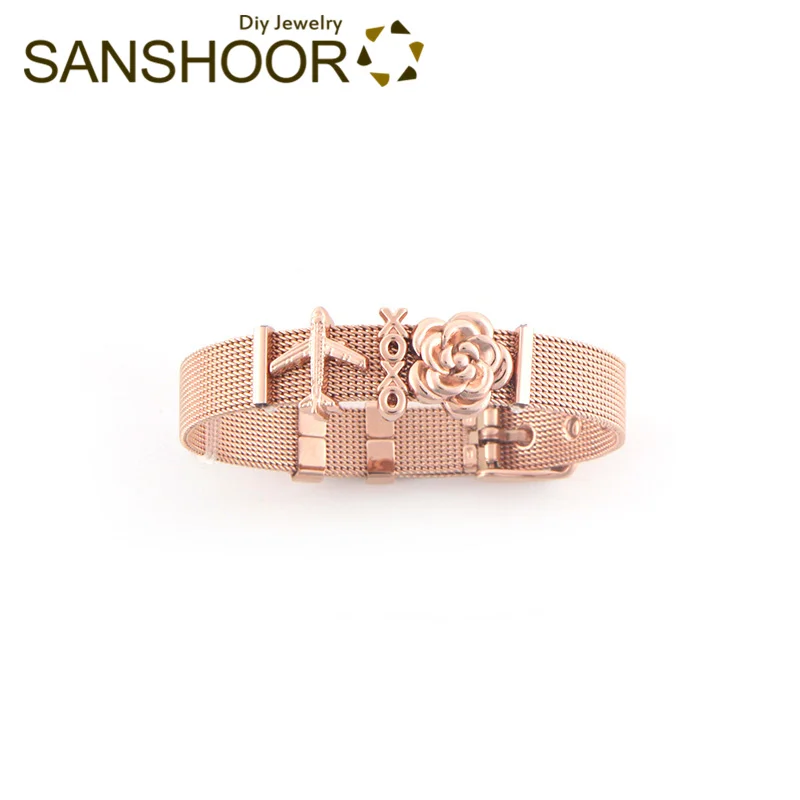 Rose Gold Set SANSHOOR новая сетчатая сумочка на руку браслет из нержавеющей стали набор самолет XOXO роза цветок Хранитель горки Подвески Женская мода ювелирные изделия 1 комплект - Окраска металла: Rose Gold Set