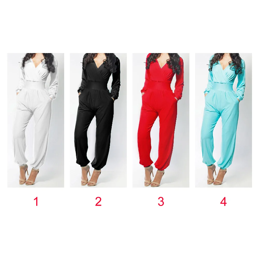 New Spring Hot Sale Fashion Women Deep V Long Sleeve Waist Loose Slim Solid Color Jumpsuit Bandage Female Romper |