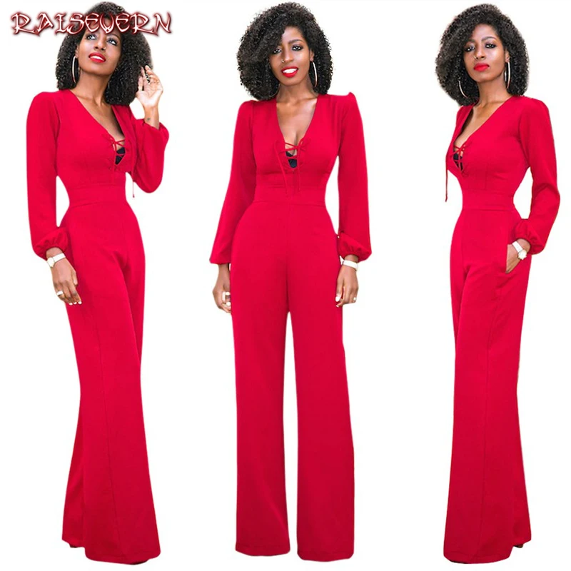 

Весна-Осень 2019, красный комбинезон RAISEVERN, женский комбинезон с принтом в стиле бохо, сексуальный комбинезон с глубоким V-образным вырезом и в...