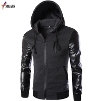 2017 cool hooded jacket spring fashion pu leather sleeve splice bomber jacket casual windbreaker blouson veste sweat homme