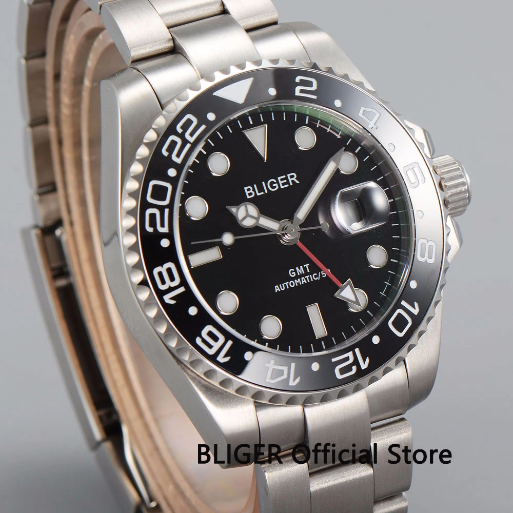 Мужские часы BLIGER GMT черный циферблат светящийся сапфировое стекло