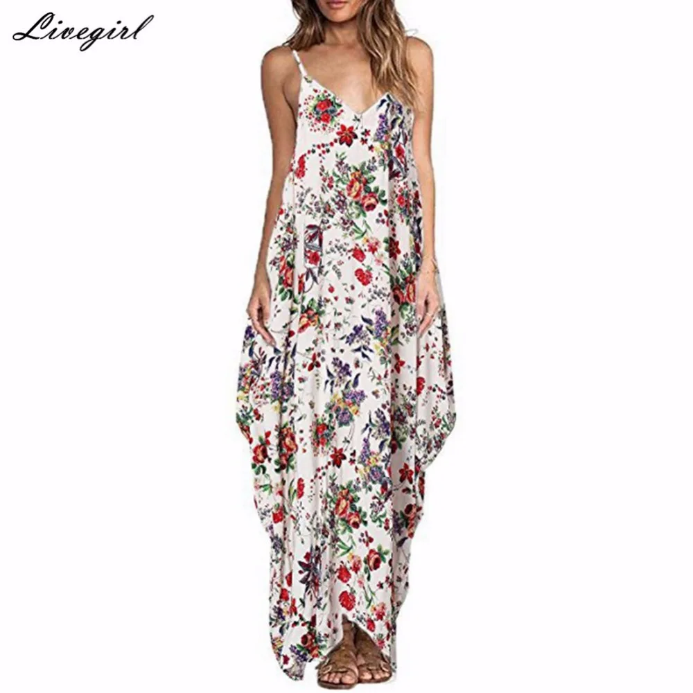 2017 богемное летнее Цветочный принт длинное платье Для женщин Сексуальная V шеи