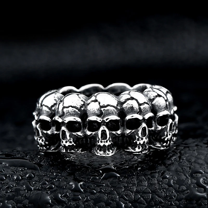 Готическое кольцо A Row Skulls байкерское из титановой стали в стиле панк ювелирные