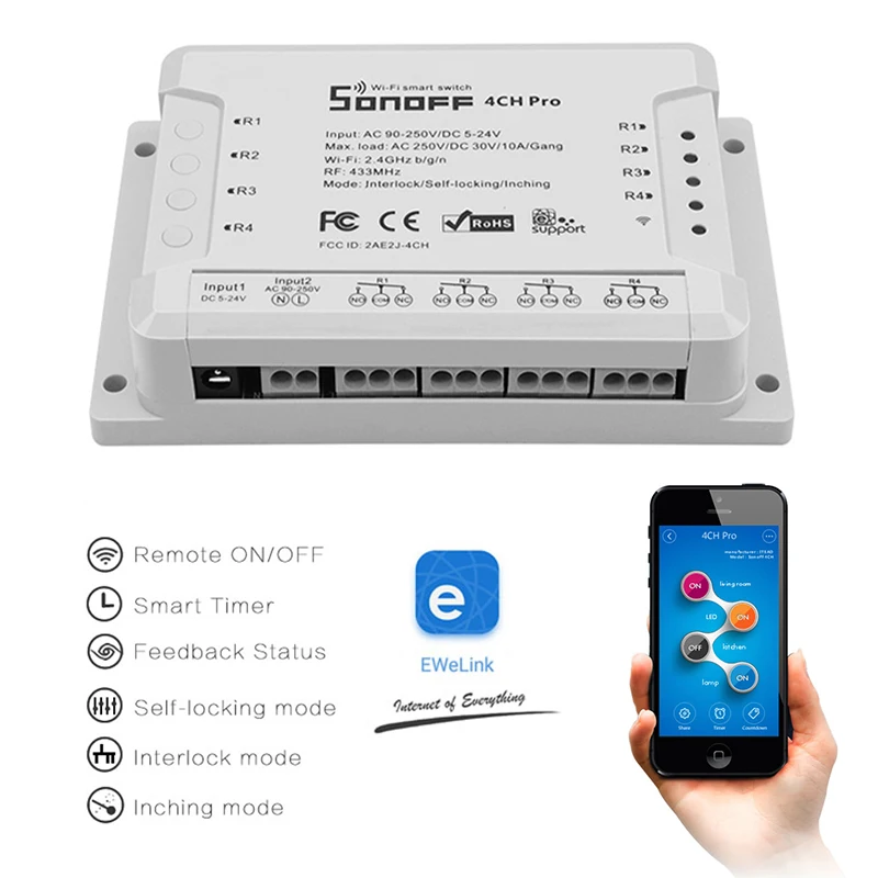Интеллектуальный выключатель света Sonoff 4CH Pro R2 4 канальный переключатель Wi Fi 433 МГц