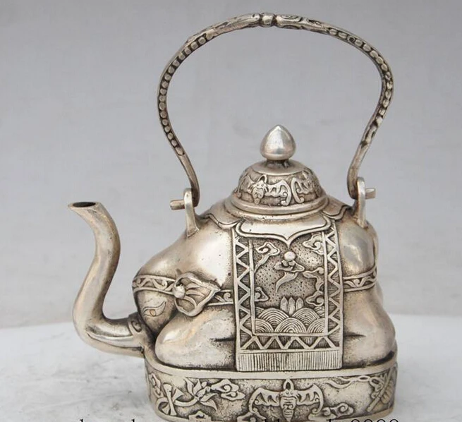 

decoration brass factory outlets Tibet Silver 5" chinese fengshui silver elephant lotus bat statue Yellow Wine Tea Pot Flagon