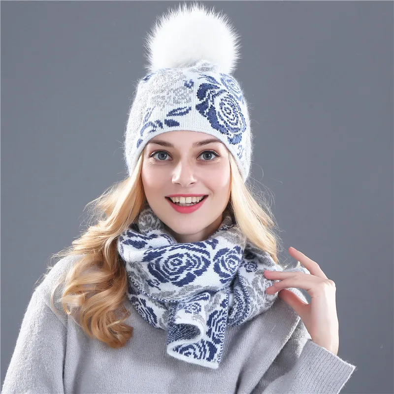 rose white pom Xthree, зимняя шапка, шарф для женщин, шапка для девочек, шерстяная вязаная шапка, шарф, набор и большой натуральный мех норки, помпон - Цвет: rose white pom