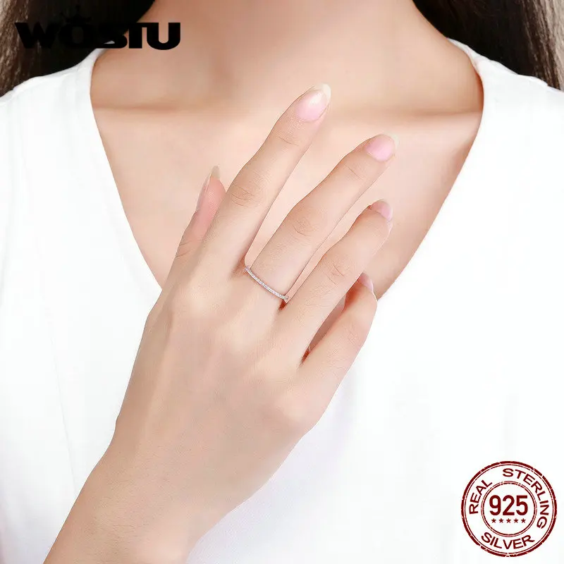 WOSTU, Настоящее серебро 925 пробы, блестящий циркон, обручальные кольца, Круглый Штабелируемый палец для женщин, обручальное ювелирное изделие FIR066