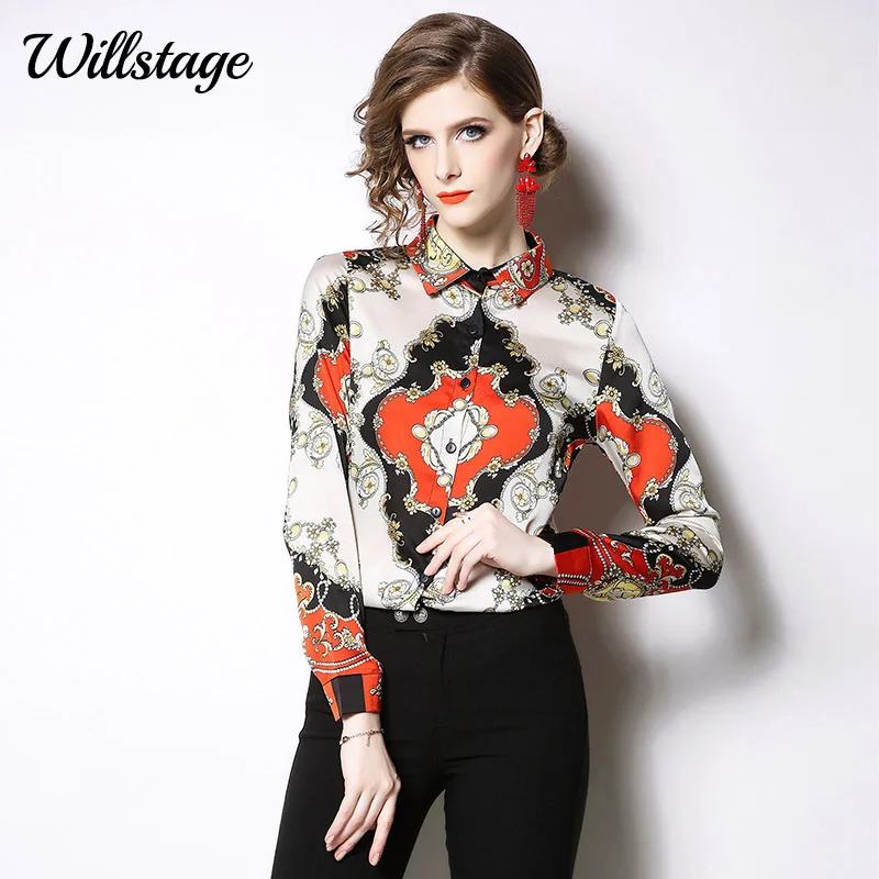 

Willstage Floral printed shirts Women spot Lapel long sleeve Blouse Pattern Elegant Office ladies shirt Formal 2019 Summer Tops