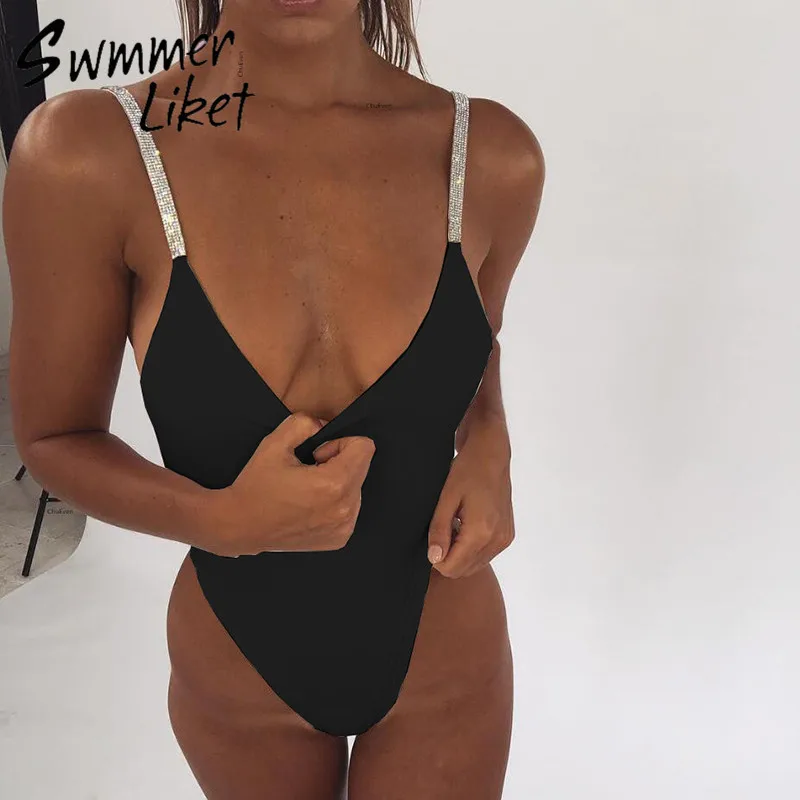 Высокий разрез черный Цельнокроеный комплект блестящие бикини 2018 бразильский