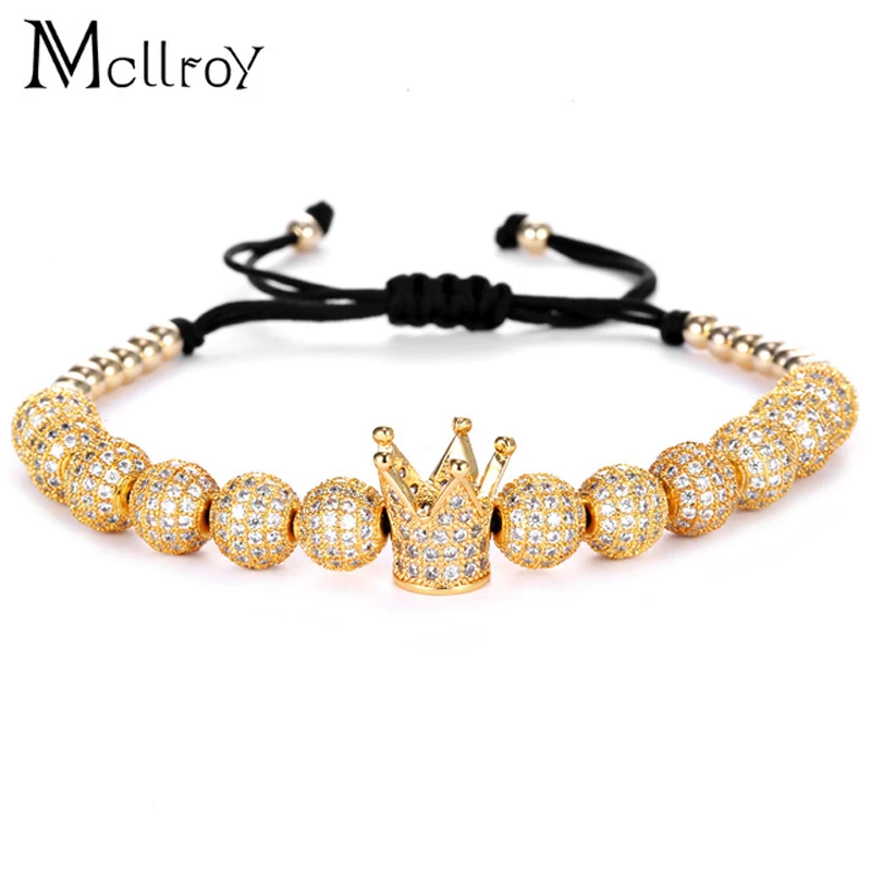 MCLLROY модный браслет для мужчин Micro Pave Белый CZ Корона Шарм круглые бусины плетеные