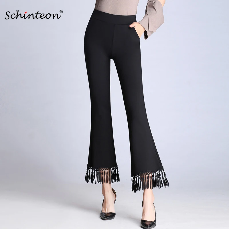 

Schinteon S-9XL Women Flare Pants Tassels Slim Elastic Waist Trousers Fashion Black White Office Lady Pants