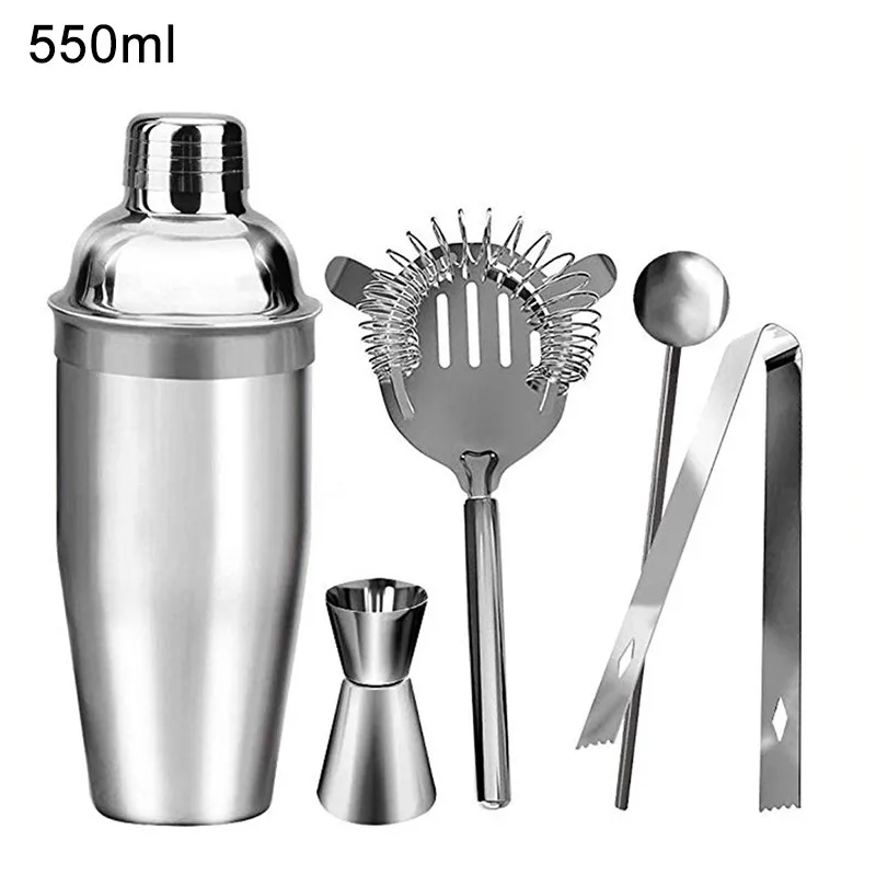 550ml 5pcs set Шейкер для коктейлей из нержавеющей стали, набор, венчик для мартини, Бостонский шейкер для бармена, вечерние барный коктейль-шейкер, инструменты, 550 мл, 750 мл - Цвет: 550ml 5pcs set