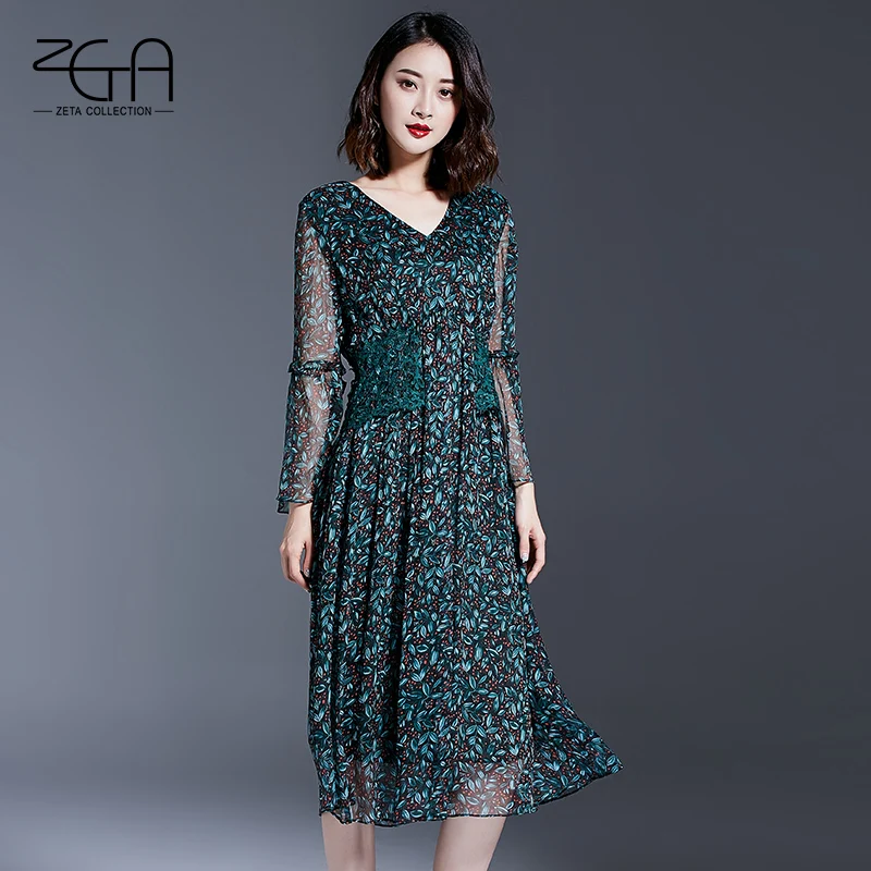 2017 весна Темперамент v-образным вырезом печатных чистого шелка длинный dress