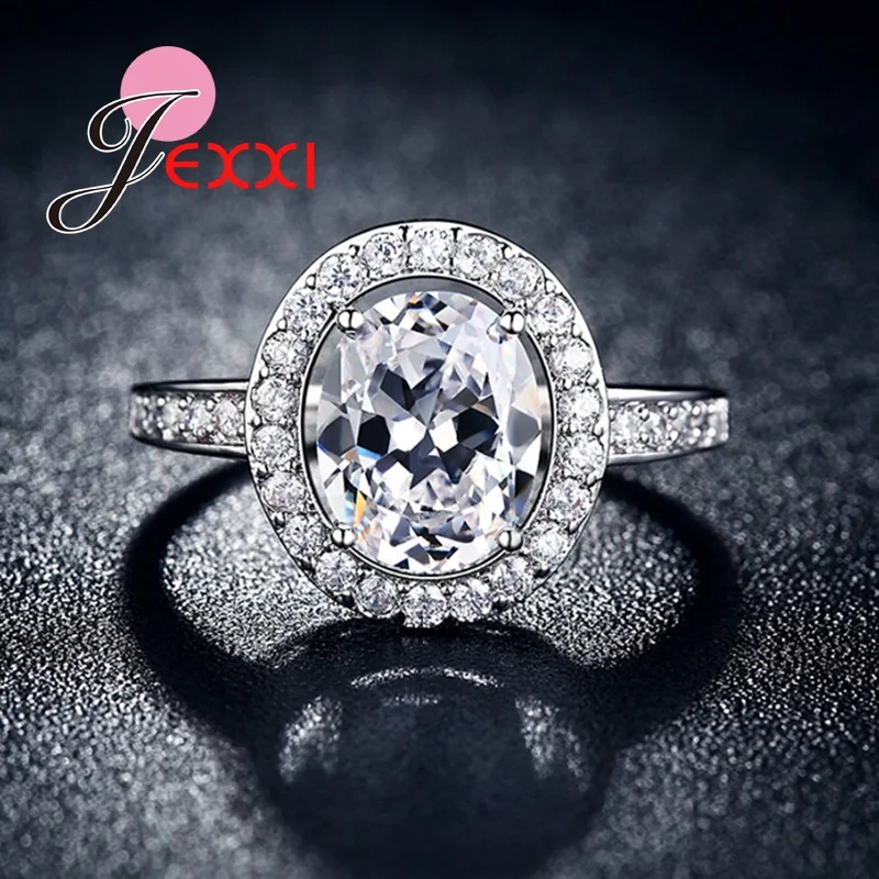 

Trendy Jewelry Fashion Silver Big Oval Shape Clear Crystal Small Zirconia Rhinestone Paved Women Wedding Engagement Rings