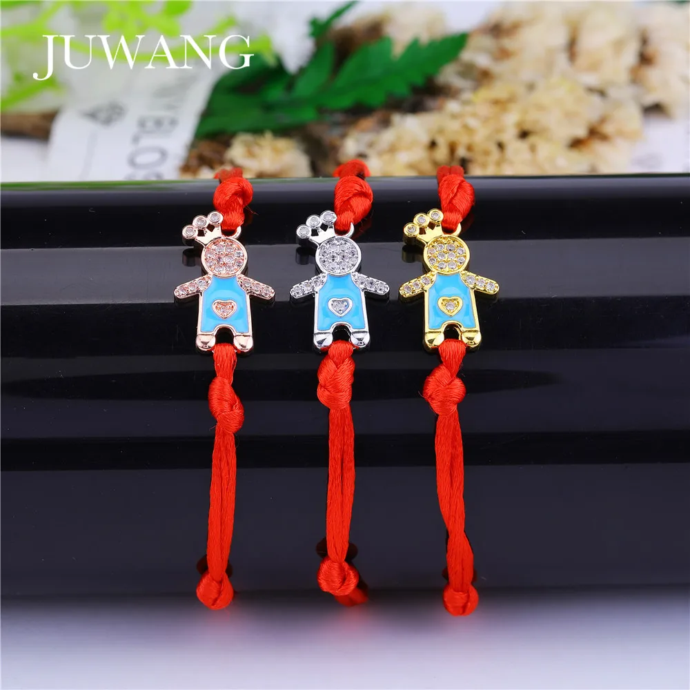 JUWANG Blue Enamel Crown Boy CZ Bracelets & Bangles for Woman Children Lucky Red Rope String Adjustable Fashion Jewelry Gift|Браслеты с
