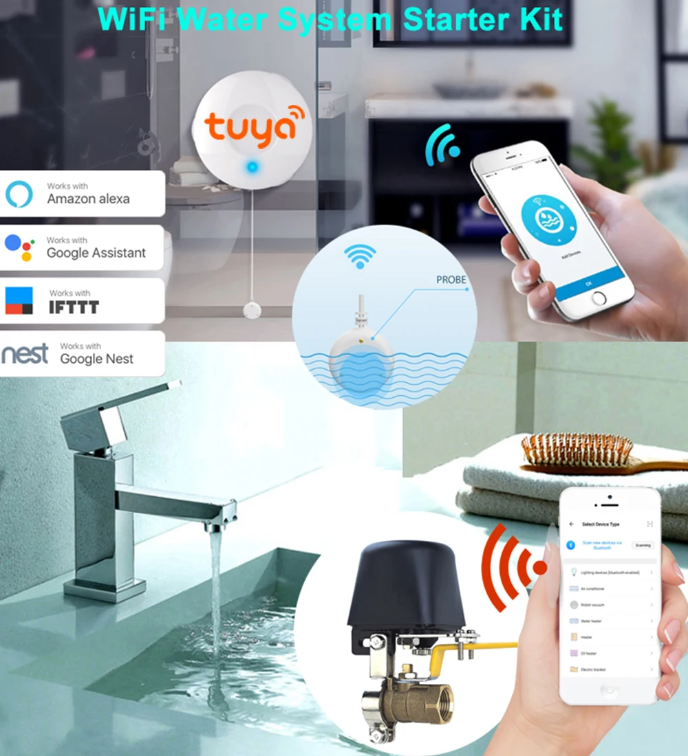 Tuya Amazon Alexa Google Assistant IFTTT датчик воды система сигнализации утечки WiFi клапан Smart Life APP дистанционное управление