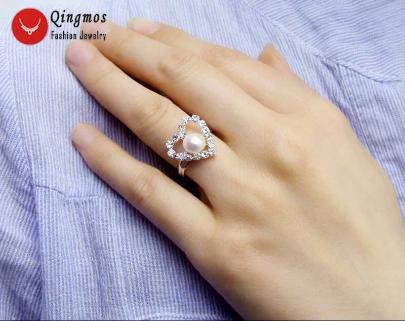 

Qingmos Natural Pearl Ring for Women with 6-7mm White Flat Pearl 15mm Heart Adjustable #8-9 Finger Ring In Jewelry Anillos Mujer