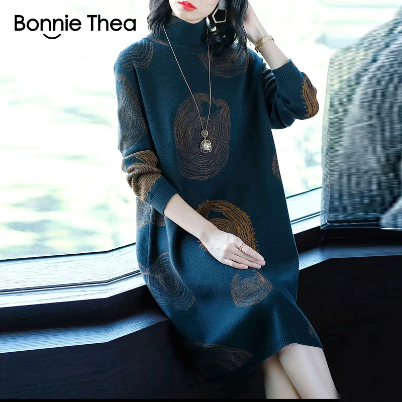 Женское зимнее платье свитер Bonnie Thea с высоким воротником элегантное оранжевое