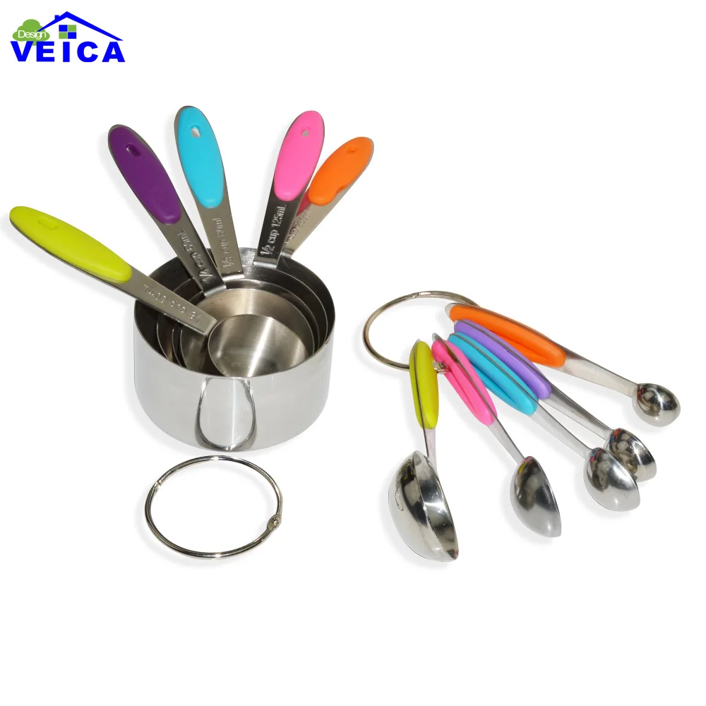 

10pcs Colorful Stainless Steel Measuring Cups And Measuring Spoon Scoop Silicone Handle Kitchen Measuring Tool